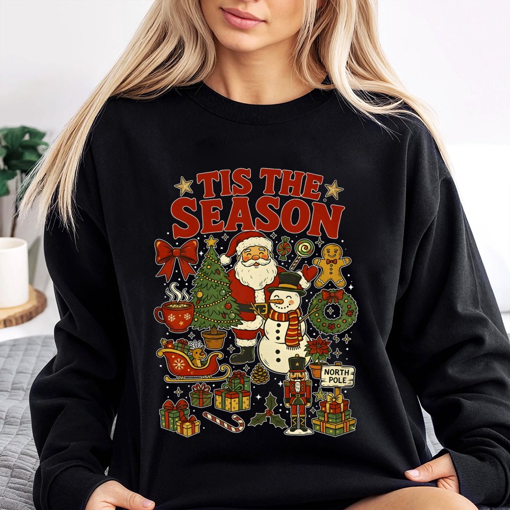 Vintage Santa and Snowman Sweatshirt, Tis the Season Christmas Sweatshirt, Retro Holiday Season Sweater, Nostalgic Xmas Crewn