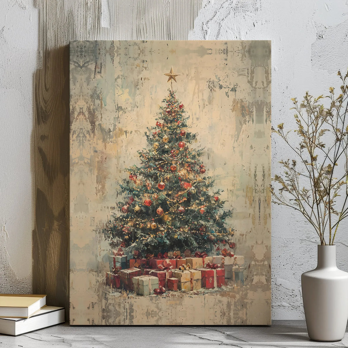 Vintage Tree with Wrapped Presents Print, Rustic Christmas Tree Wall Art, Comfy Holiday Art Poster, Seasonal Digital Download