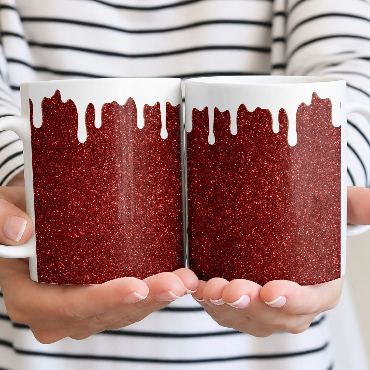 Dripping White Paint Effect Coffee Mug, Red Glitter Print Ceramic Mug, Sparkle Aesthetic Drinkware Mug, Glam Holiday Christma