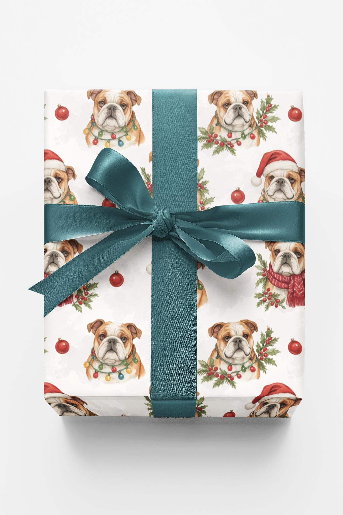 Festive Bulldog Gift Wrap, Bulldog Christmas Wrapping Paper, Holiday Dog Wrapping Paper Roll, Dog Lover Xmas Wrapping Paper, 