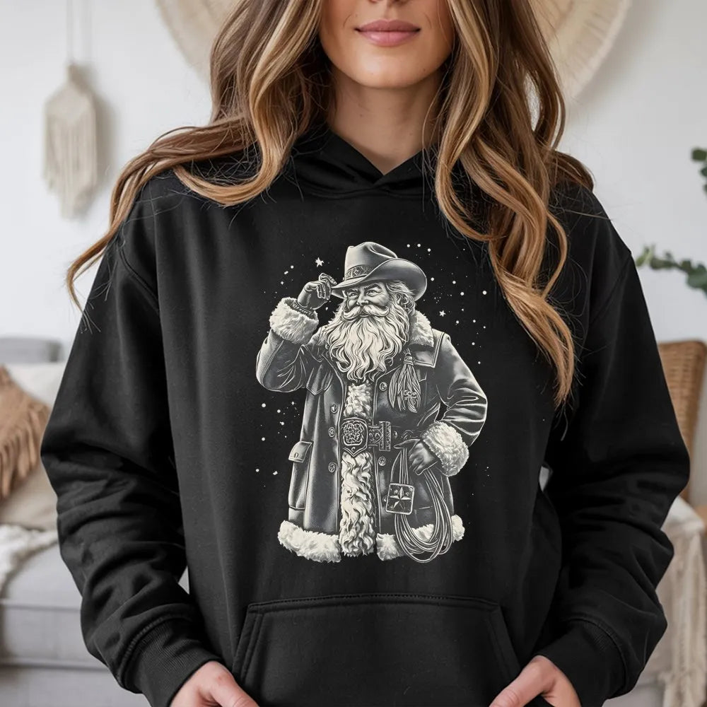 Western Christmas Lasso Hoodie, Cowboy Santa Hoodie, Retro Cowboy Christmas Sweatshirt, Country Santa Graphic Hooded Sweater,