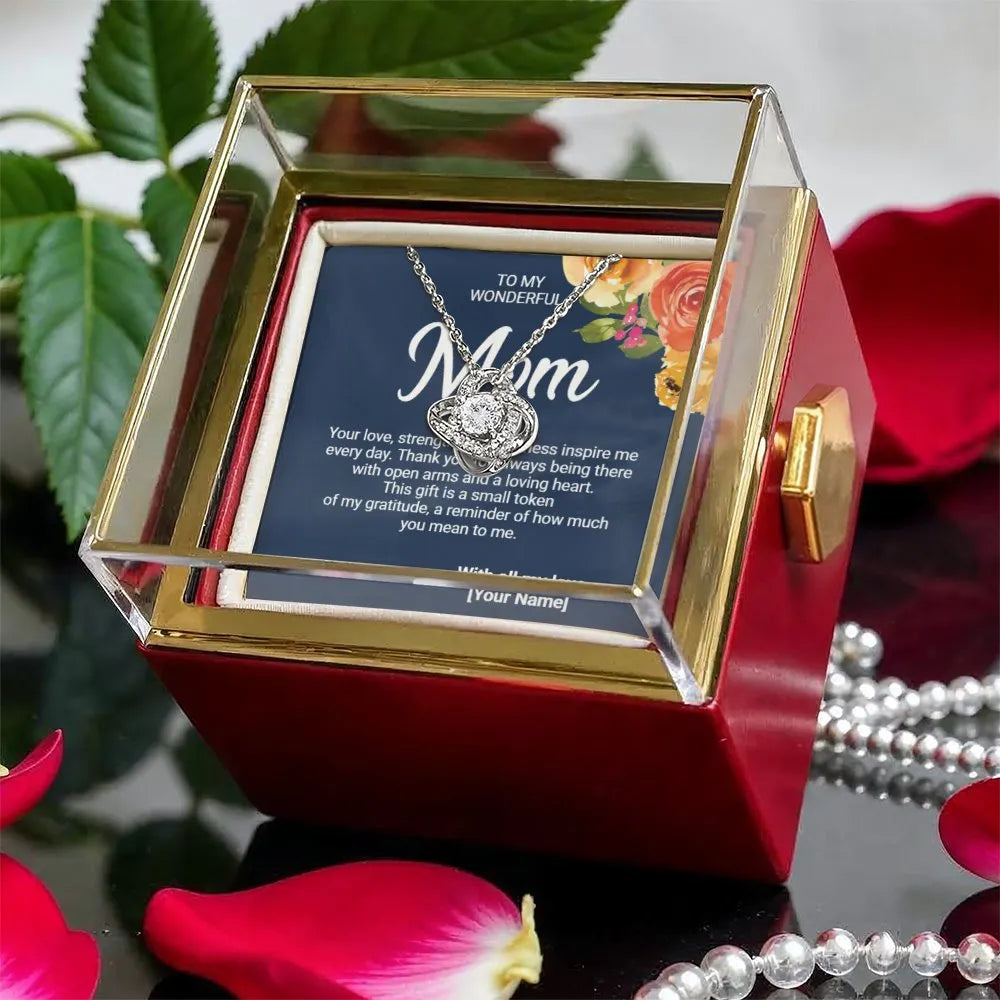 Mother Love Knot Necklace, Love Knot Necklace for Mom, CZ Crystal Pendant Necklace, Rotating Rose Gift Box, Birthday Christma