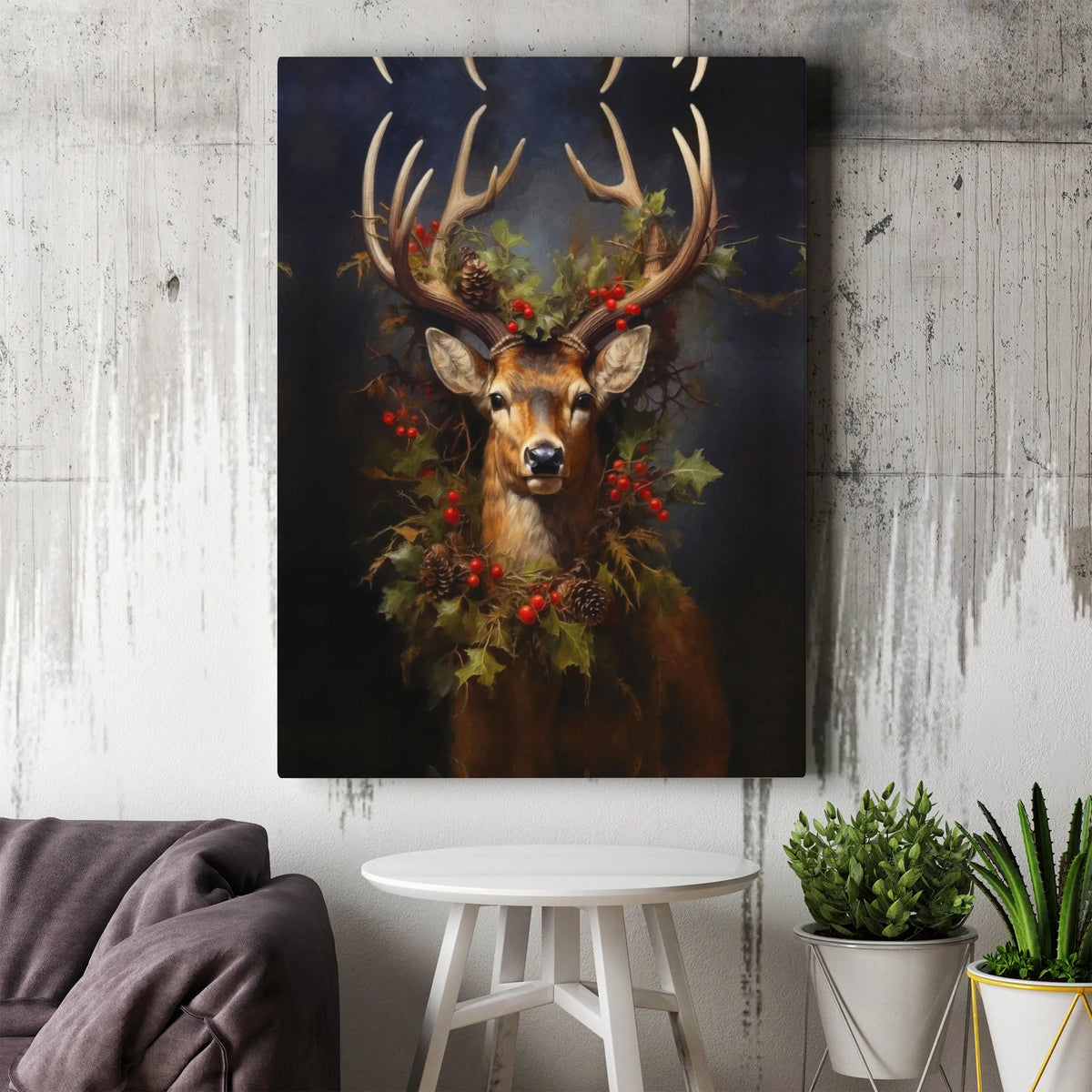 Rustic Deer Holly Wreath Print, Christmas Stag Canvas Wall Art, Holiday Winter Wildlife Canvas Painting Home Decor