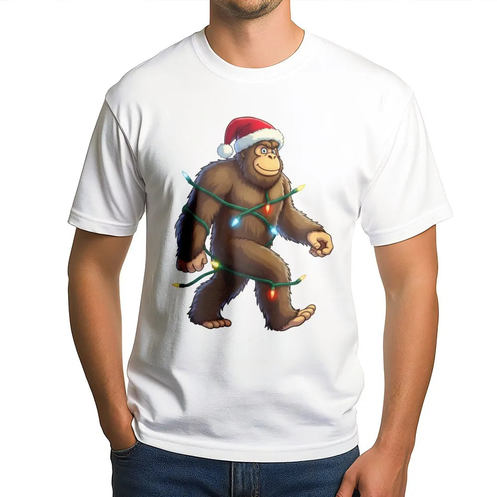 Humorous Sasquatch Santa Hat Shirt, Bigfoot Christmas T-Shirt, Retro Bigfoot Holiday Lights Tee, Adorable Bigfoot Xmas Shirt,