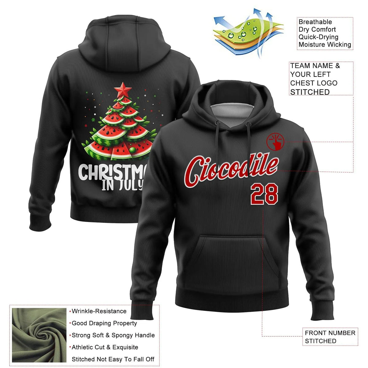 Personalized Name and Number Sweatshirt, Custom Watermelon Tree Christmas Hoodie, 3D Black Red White Sports Hoodie, Holiday F