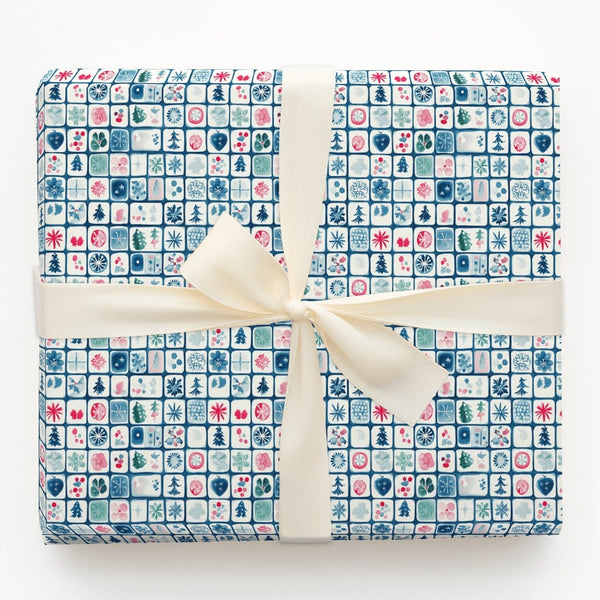Folk Art Tile Gift Wrap, Scandinavian Christmas Wrapping Paper, Watercolor Tree Snowflake Wrapping Paper, Nordic Holiday Gift