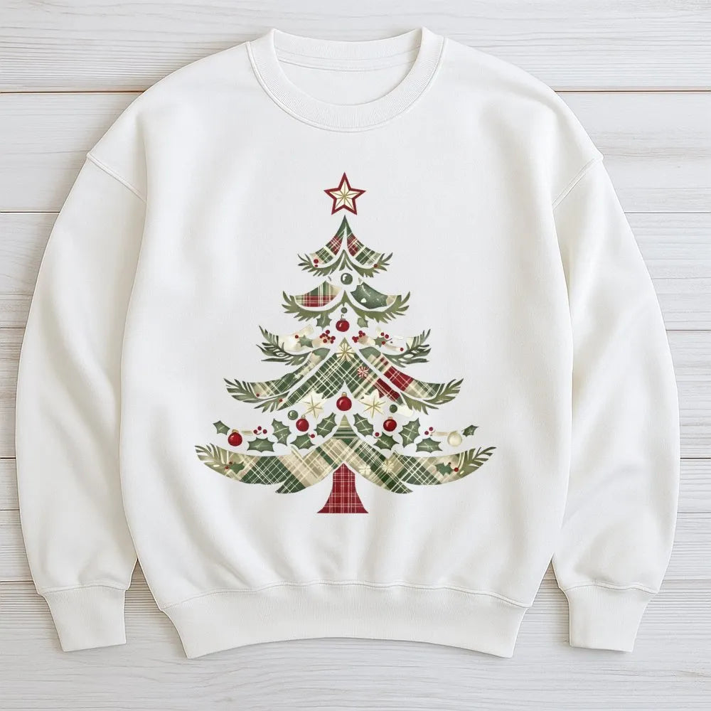 Comfy Holiday Graphic Crewneck, Plaid Christmas Tree Sweatshirt, Rustic Plaid Tree Sweater, Adorable Winter Xmas Pullover, Fe