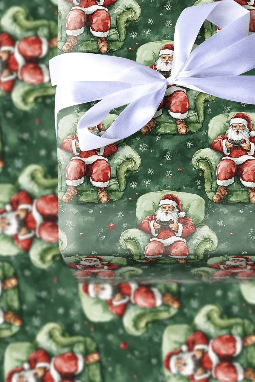 Video Game Christmas Gift Wrap, Gamer Santa Wrapping Paper, Humorous Gaming Santa Wrapping Paper, Tech Lover Holiday Paper Ro
