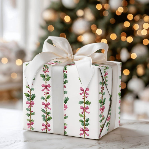 Pink Bow Garland Holiday Gift Wrap, Watercolor Holly Christmas Wrapping Paper, Festive Botanical Wrapping Paper, Elegant Gift