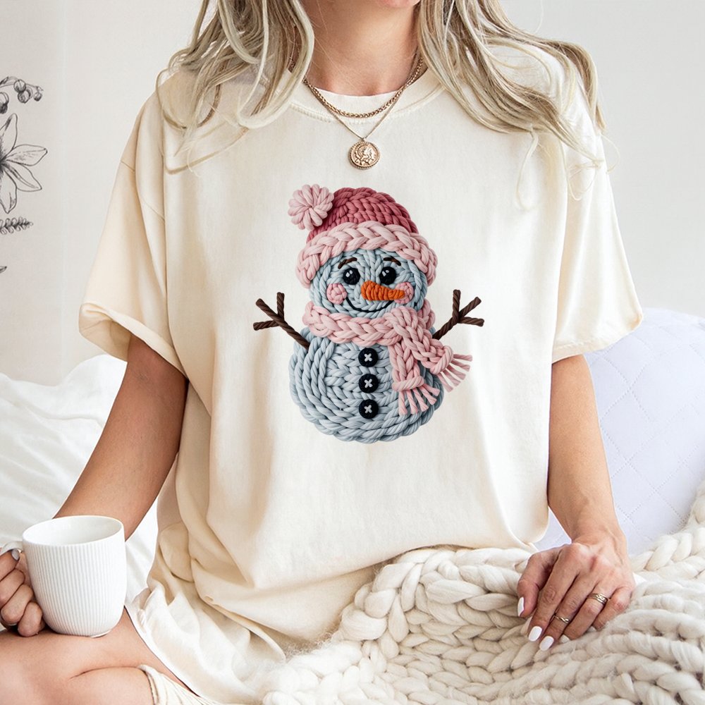 Adorable Winter Snowman T-Shirt, Knitted Snowman Christmas Shirt, Faux Knit Holiday Graphic Tee, Comfy Xmas Present Shirt for