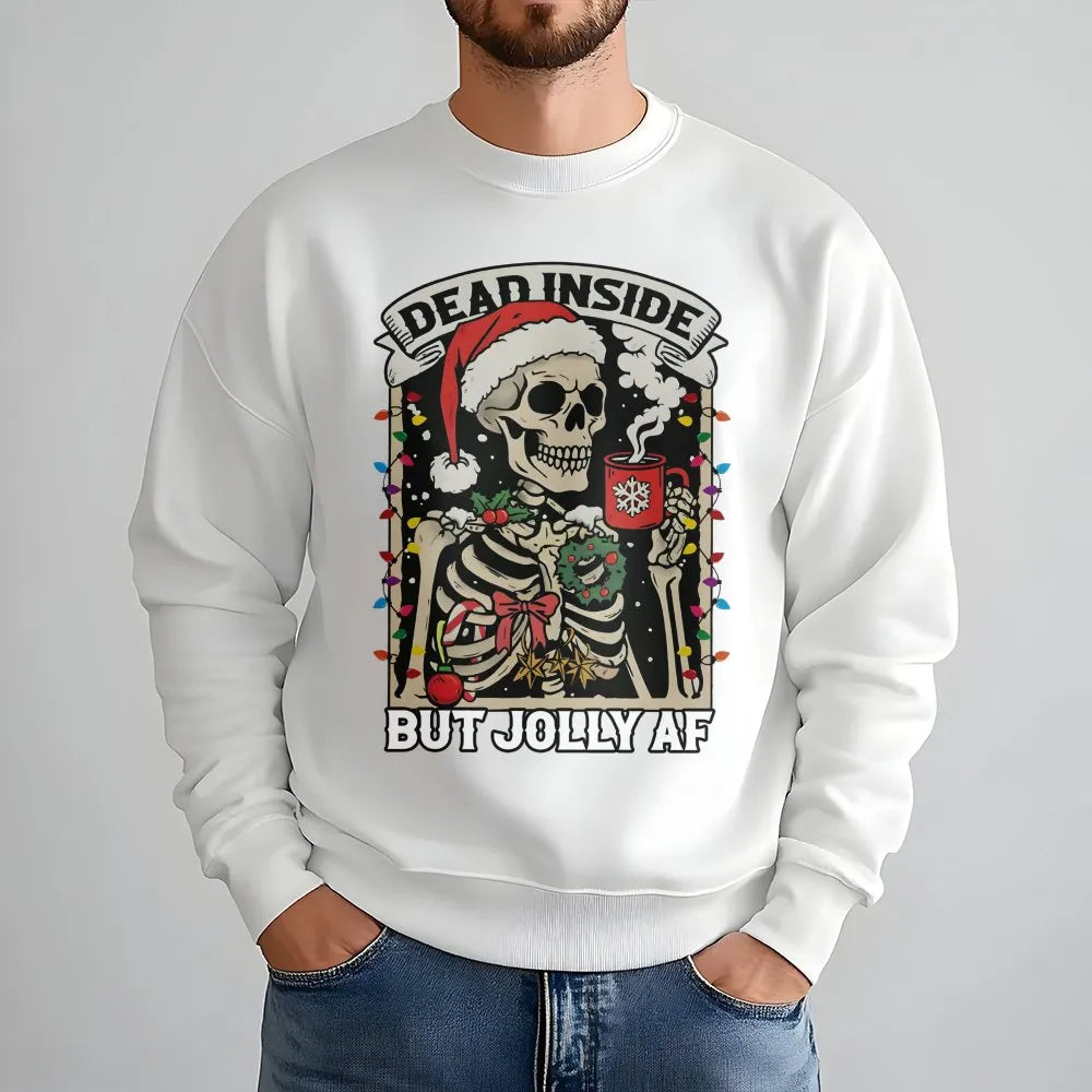 Humorous Skeleton Christmas Coffee Crewneck, Dead Inside but Jolly AF Sweatshirt, Sarcastic Holiday Pullover, Spooky Season X
