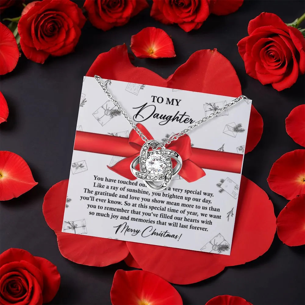 CZ Crystal Love Knot Pendant, To My Daughter Love Knot Necklace, Rotating Rose Box Necklace, White Gold Finish Christmas Pres