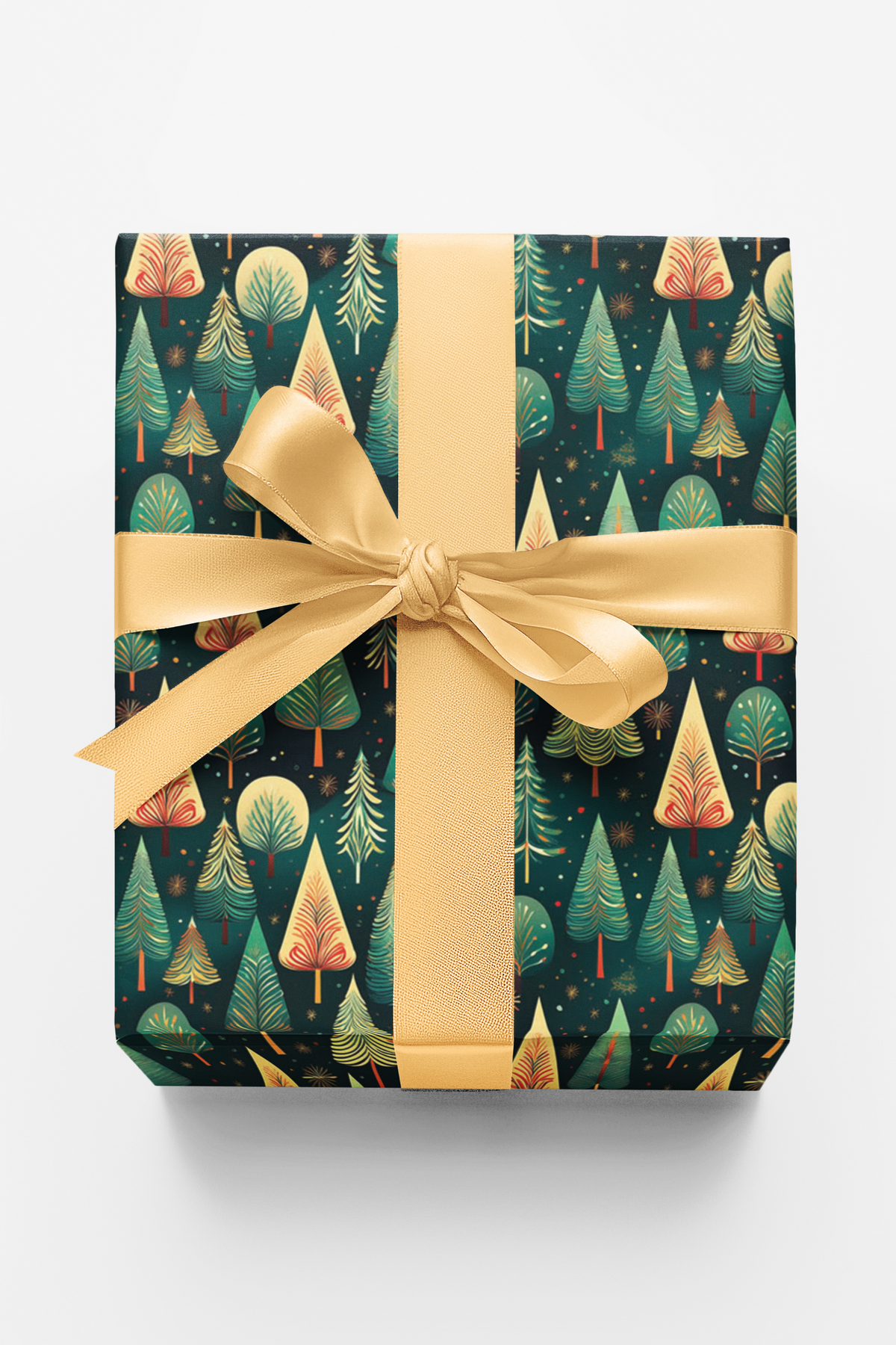 Winter Pine Forest Gift Wrap Roll, Geometric Christmas Wrapping Paper, Modern Evergreen Holiday Gift Wrap, Teal Gold Festive 