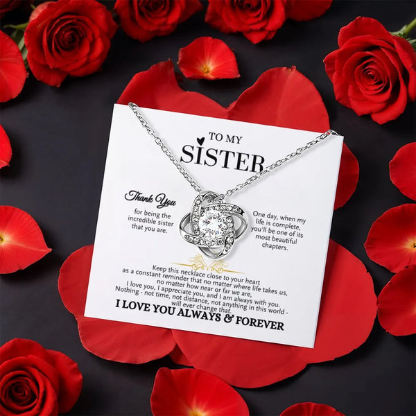 CZ Crystal Love Knot Pendant, Sister Love Knot Necklace, Gold Finish Love Knot Jewelry, Birthday Present for Sister, Christma