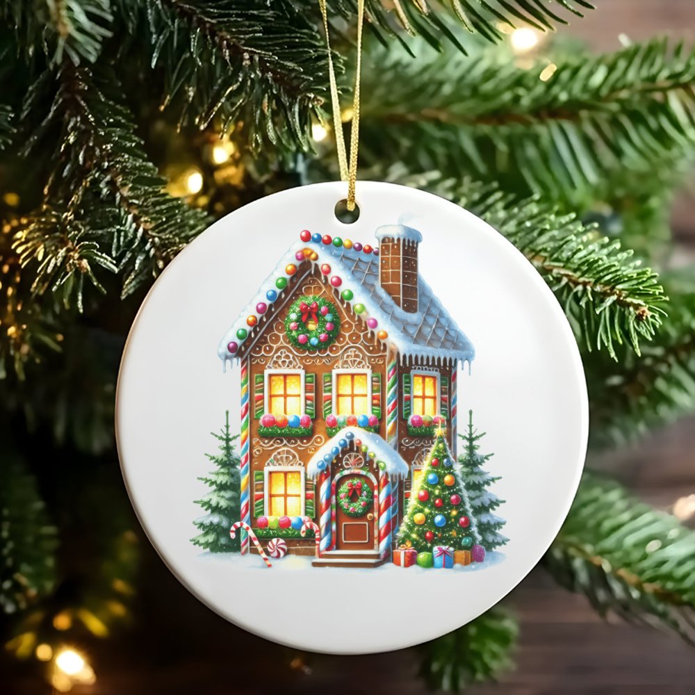 Festive Christmas Tree Ornament, Gingerbread House Ceramic Ornament, Magical Winter Holiday Ornament, Home Tree Decor, Family