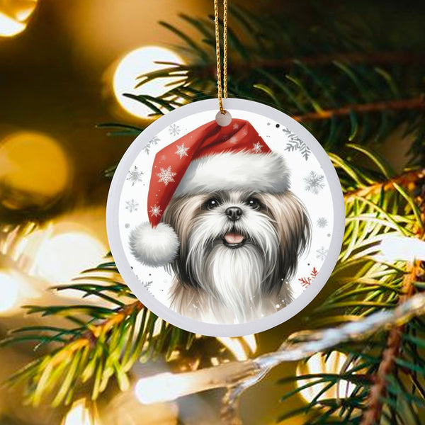 Santa Hat Dog Ornament, Shih Tzu Christmas Ornament, Festive Puppy Ceramic Ornament, Xmas Tree Hanging Decor, Holiday Present