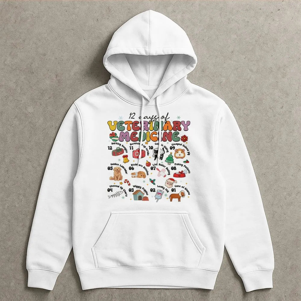 Humorous Vet Tech Christmas Sweatshirt, 12 Days of Veterinary Medicine Hoodie, Animal Doctor Hooded Pullover, Holiday Present