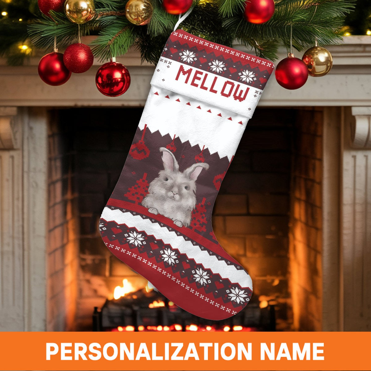 Adorable Rabbit Ugly Sweater Holiday Stocking, Personalized Bunny Christmas Stocking, Custom Name Christmas Stocking, Pet Lov