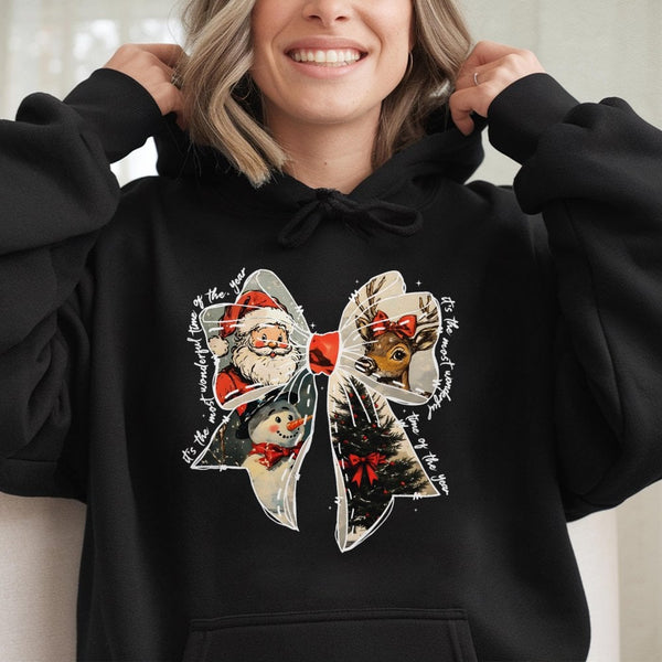 Vintage Santa Reindeer Hooded Sweatshirt, Christmas Coquette Bow Hoodie, Adorable Xmas Bow Pullover, Retro Holiday Hoodie, Pr