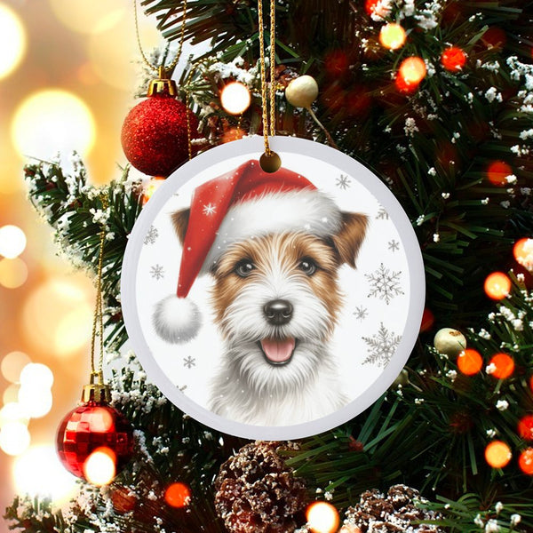 Santa Hat JRT Dog Ornament, Jack Russell Terrier Christmas Ornament, Ceramic Pet Holiday Tree Keepsake, Terrier Lover Xmas Pr