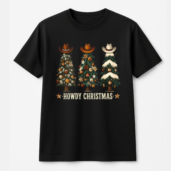 Western Cowboy Hat Christmas Shirt, Howdy Christmas T-Shirt, Country Xmas Tree Graphic Tee, Retro Western Christmas T-Shirt, 