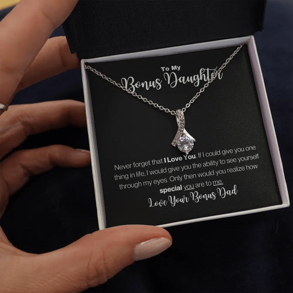 Step Dad Ribbon Pendant, Bonus Daughter Necklace, 14k White Gold Over Stainless Steel Necklace, Meaningful Birthday Christmas