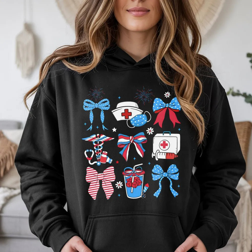 Holiday Bows Nurse Hooded Sweatshirt, Medical Nurse Christmas Hoodie, Festive Healthcare Pullover Hoodie, Xmas Nursing Studen