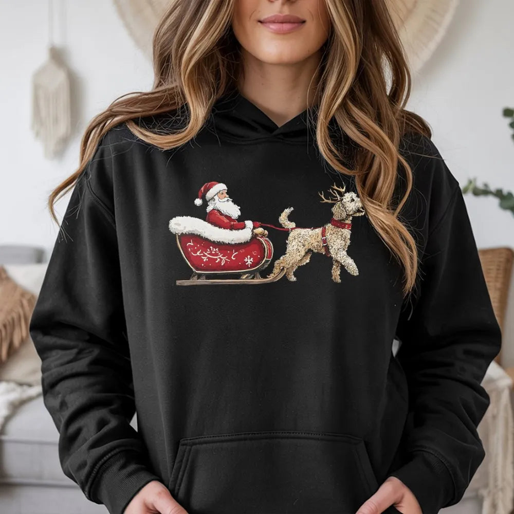 Doodle Santa Sleigh Graphic Sweatshirt, Goldendoodle Christmas Hoodie, Adorable Dog Mom Holiday Pullover, Winter Dog Lover Ho