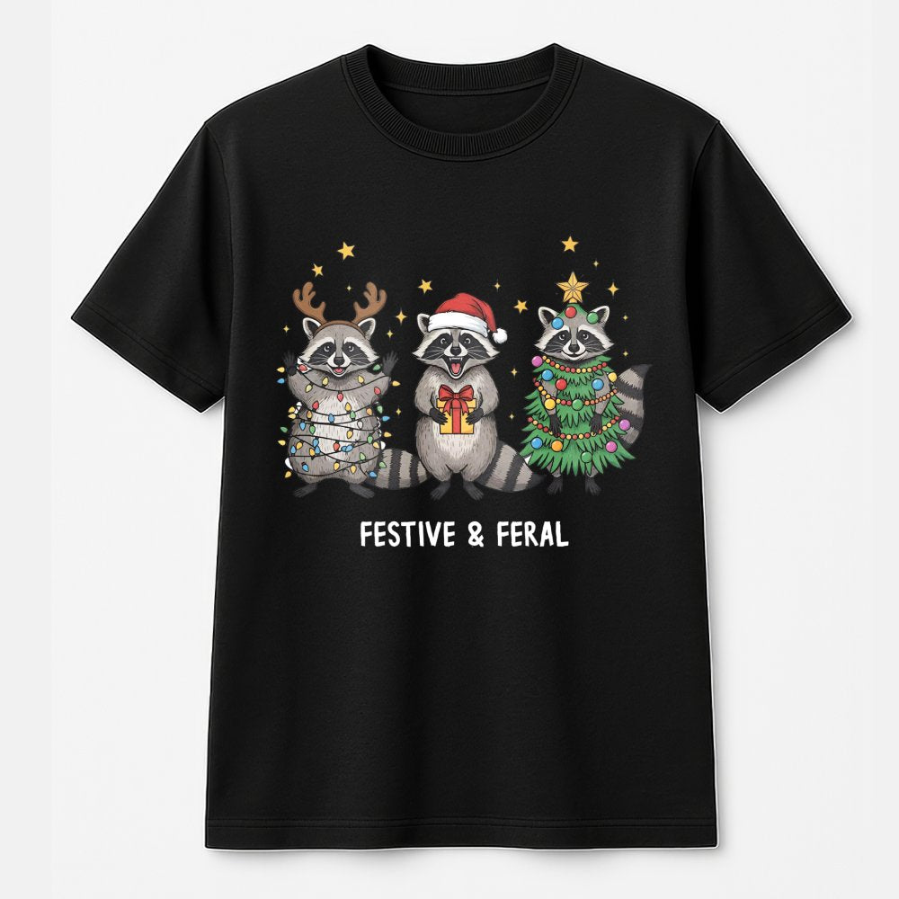 Humorous Christmas Animal T-Shirt, Festive and Feral Raccoon T-Shirt, Retro Holiday Graphic Tee, Adorable Xmas Trash Panda Gr