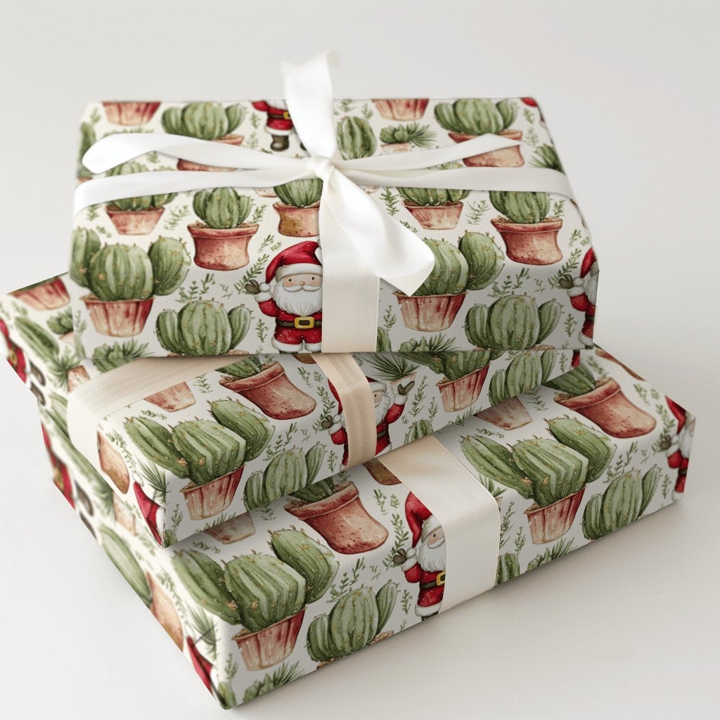 Desert Holiday Gift Wrap, Santa Cactus Christmas Wrapping Paper, Watercolor Succulent Present Paper, Festive Christmas Presen
