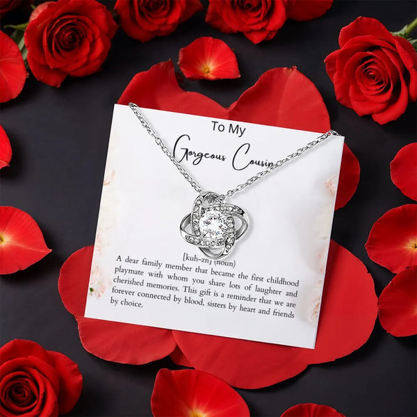 White Gold Finish CZ Knot Pendant Necklace, Cousin Love Knot Necklace, Sentimental Cousin Jewelry Present, Birthday Christmas