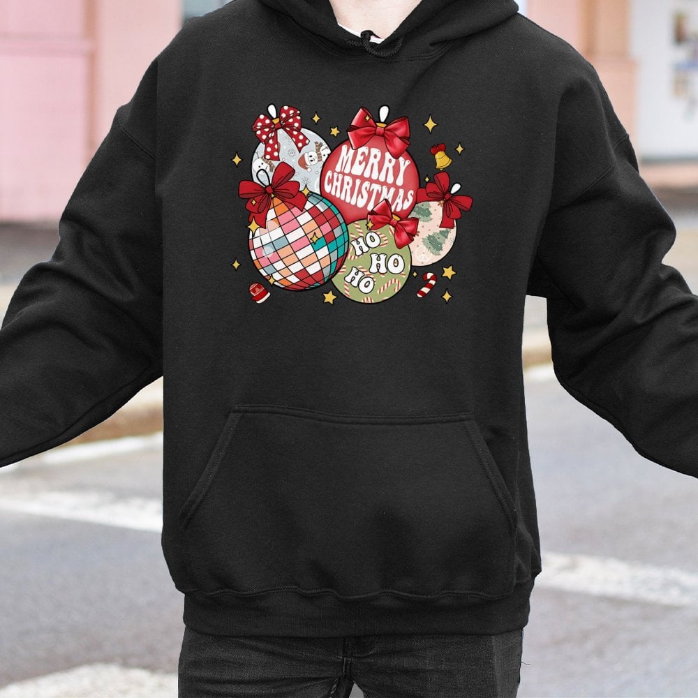 Disco Ball Bow Graphic Sweatshirt, Retro Christmas Ornaments Hoodie, Trendy Holiday Pullover, Pink Christmas Season Hooded To