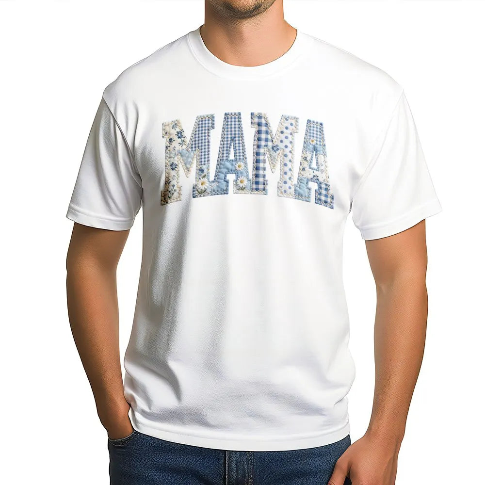 Mama T-Shirt | Blue Toile Patchwork Style Floral Print | 100% Soft Cotton | Mother's Day Gift for Mom