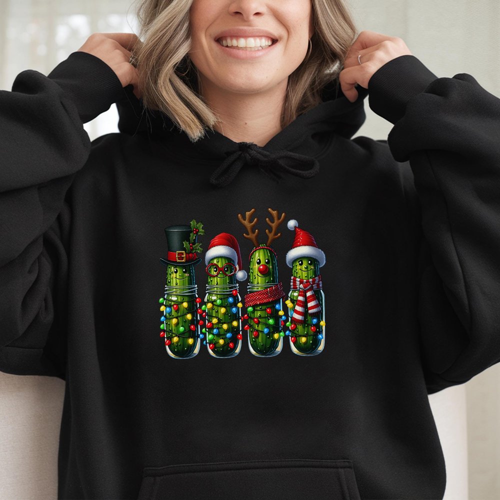 Adorable Dill Pickle Hoodie, Humorous Christmas Pickle Hoodie, Festive Character Xmas Hoodie, Holiday Food Humor Sweatshirt, 