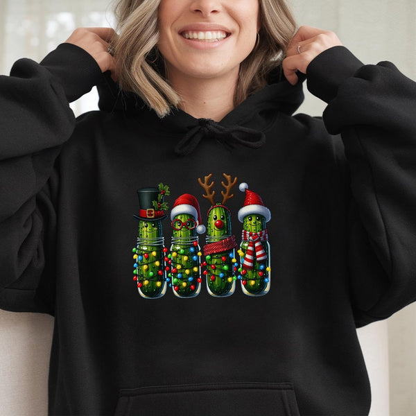 Adorable Dill Pickle Hoodie, Humorous Christmas Pickle Hoodie, Festive Character Xmas Hoodie, Holiday Food Humor Sweatshirt, 