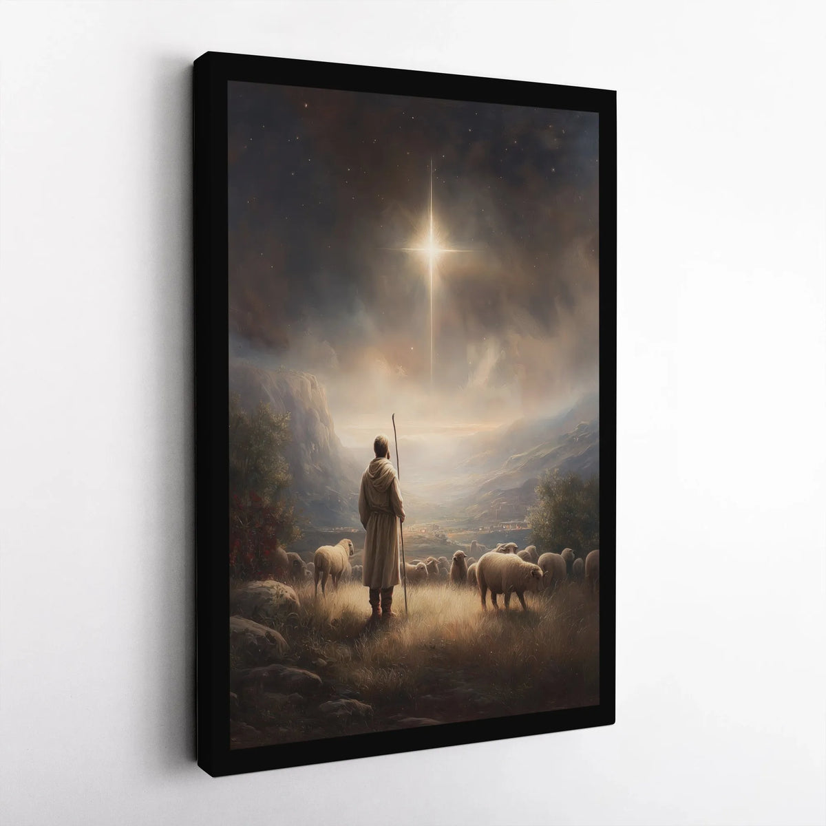 Holy Night Christian Canvas Wall Art, Nativity Shepherd Under Star of Bethlehem Canvas Print, Religious Christmas Manger Wall