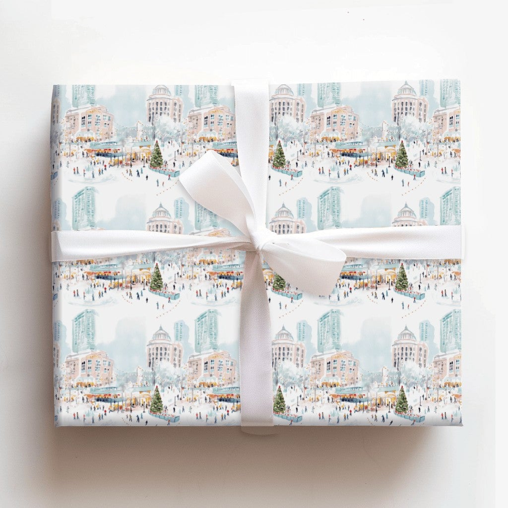 Winter Town Square Gift Wrap, Ice Skating City Wrapping Paper, Festive Christmas Tree Wrapping Paper, Holiday Season Wrapping