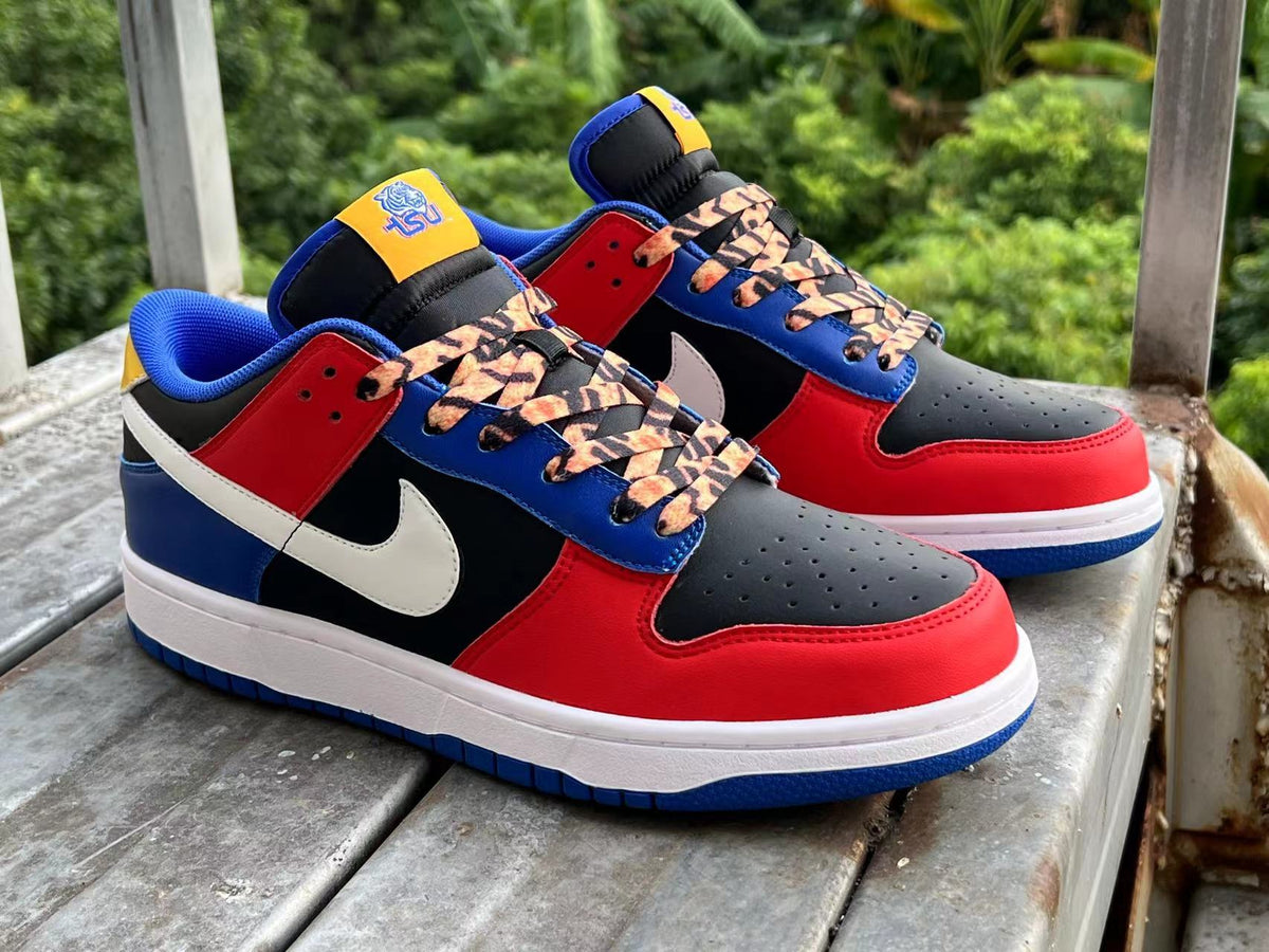 Low Top Sneakers, Blue Red White Colorway, Lace Up Design, Casual Gift for Sneaker Fans