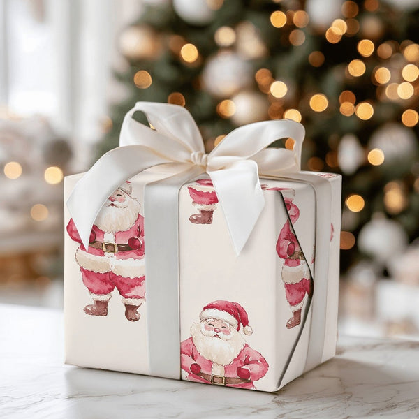 Vintage Christmas Gift Wrap, Watercolor Santa Claus Wrapping Paper, Retro Santa Present Wrap, Holiday Wrapping Paper, Family 