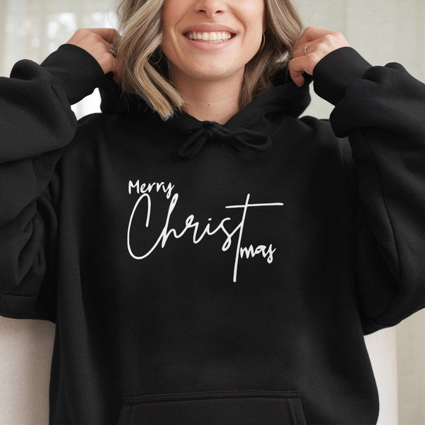 Minimalist Script Holiday Sweatshirt, Merry Christmas Hoodie, Comfy Winter Typography Pullover, Christmas Season Sweater, Fes