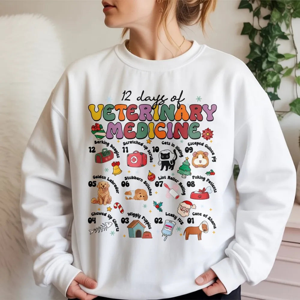 Retro Vet Tech Christmas Crewneck, 12 Days of Veterinary Medicine Sweatshirt, Humorous Animal Doctor Sweater, Holiday Vet Cli