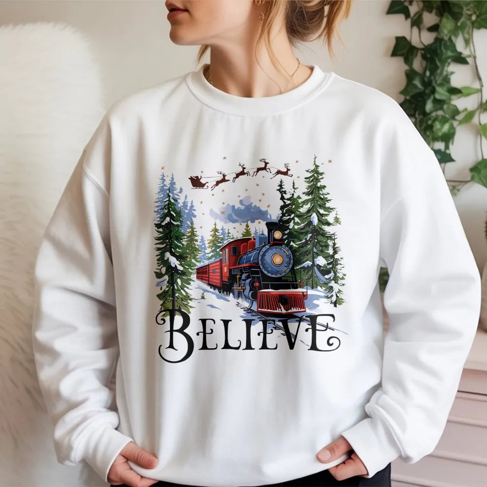 Retro Holiday Graphic Sweater, Believe Christmas Train Sweatshirt, Magical Winter Train Crewneck, Vintage Christmas Sweatshir