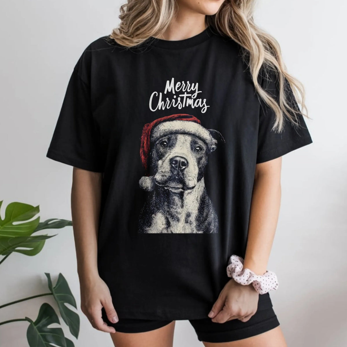 American Pit Bull Terrier in Santa Hat Graphic Tee, Pitbull Christmas T-Shirt, Adorable Dog Mom Holiday T-Shirt, Xmas Pet Lov