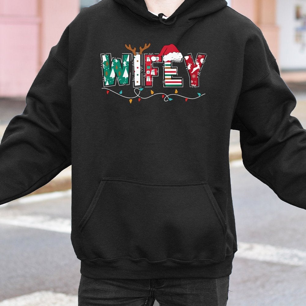 Festive Holiday Lights Sweatshirt, Wifey Christmas Hoodie, Adorable Matching Couple Christmas Hooded Pullover, Xmas Present f