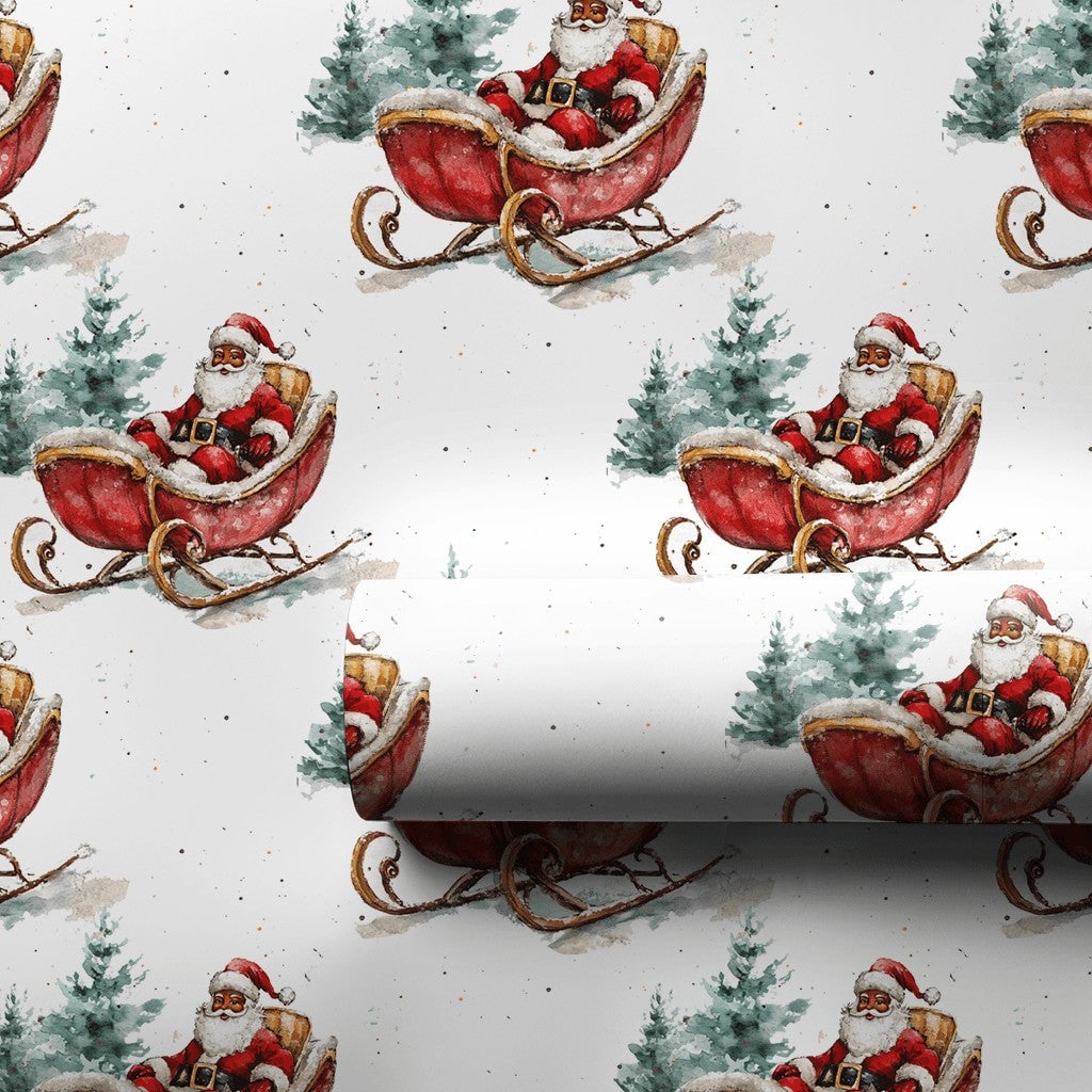 Watercolor Pine Tree Christmas Wrapping Paper, Black Santa Sleigh Wrapping Paper, Inclusive Holiday Gift Wrap, Festive Xmas W