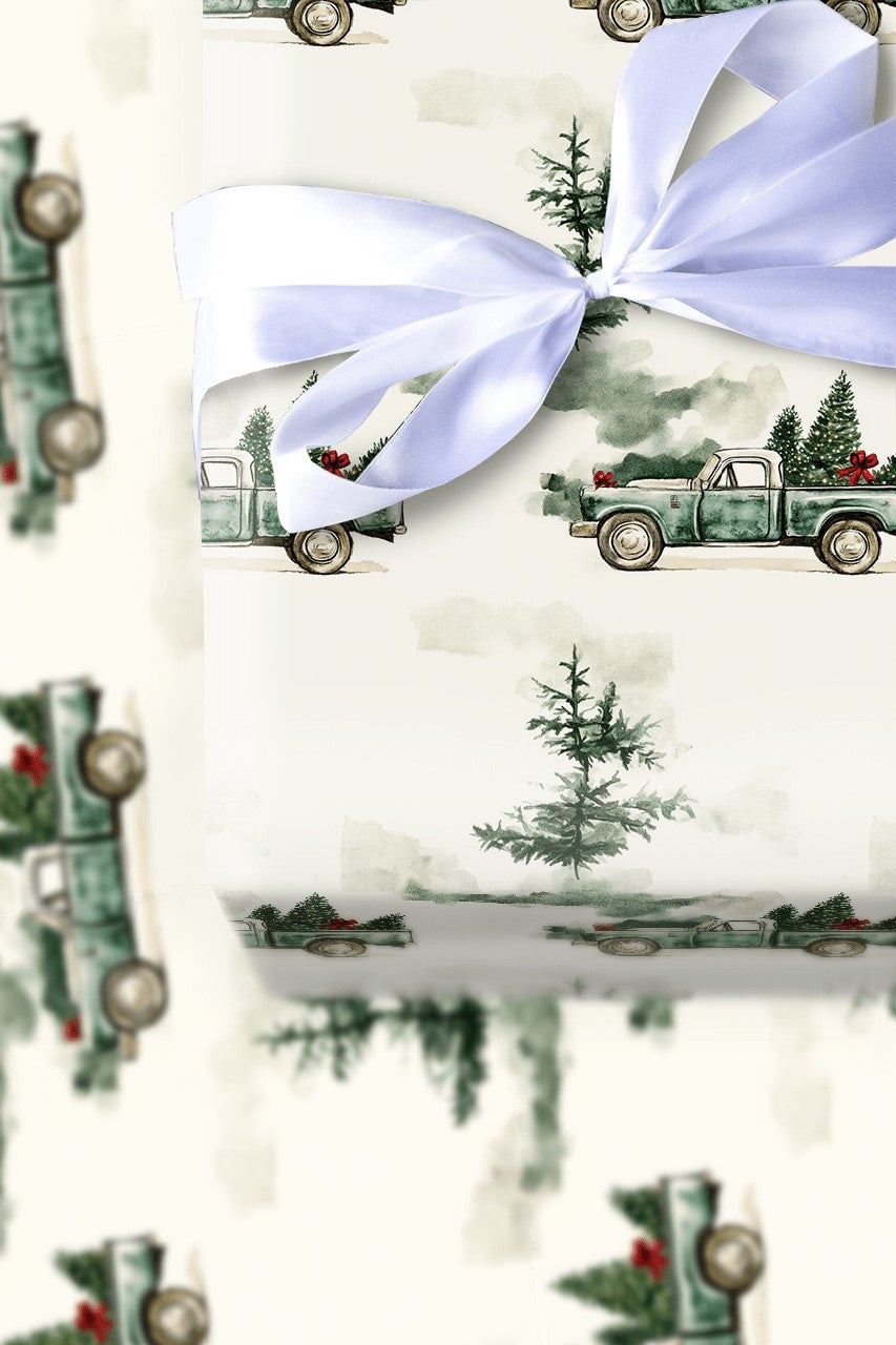 Farmhouse Tree Gift Wrap, Vintage Green Truck Christmas Wrapping Paper, Rustic Pine Holiday Wrapping Paper, Winter Present Gi