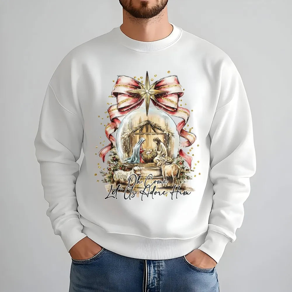 Watercolor Nativity Scene Crewneck, Oh Come Let Us Adore Him Sweatshirt, Christian Holiday Sweater, Religious Christmas Sweat