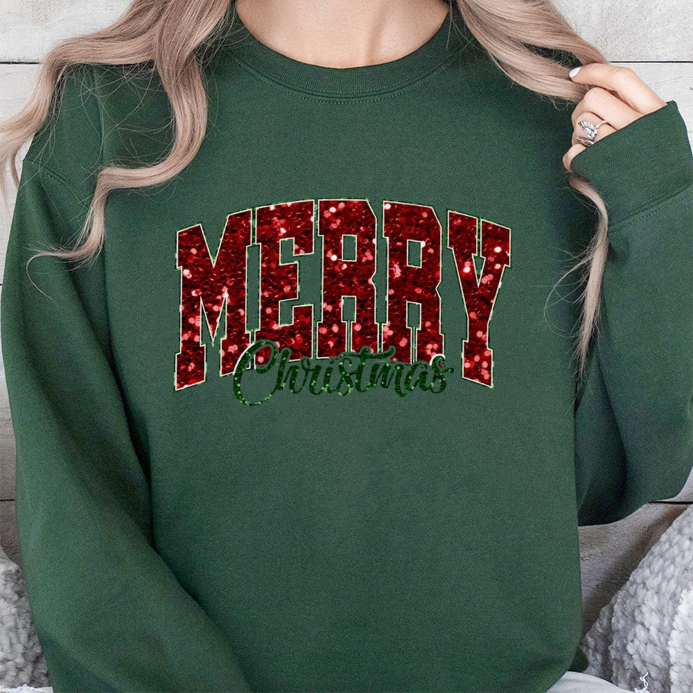Varsity Lettering Holiday Crewneck, Red Glitter Merry Christmas Sweatshirt, Retro Christmas Sweater, Comfy Pullover, Xmas Pre