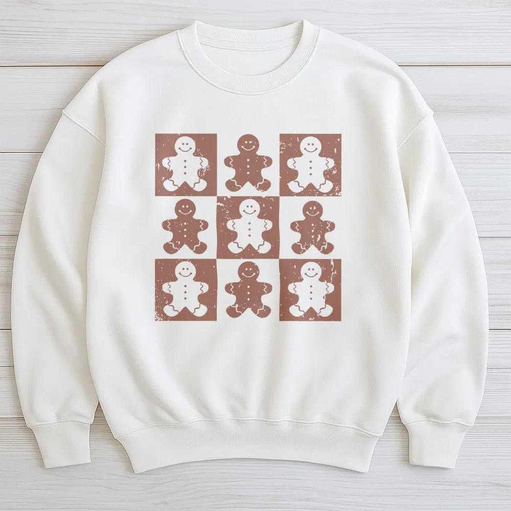 Retro Christmas Cookie Sweatshirt, Checkered Gingerbread Man Sweatshirt, Adorable Holiday Crewneck, Vintage Winter Pullover S