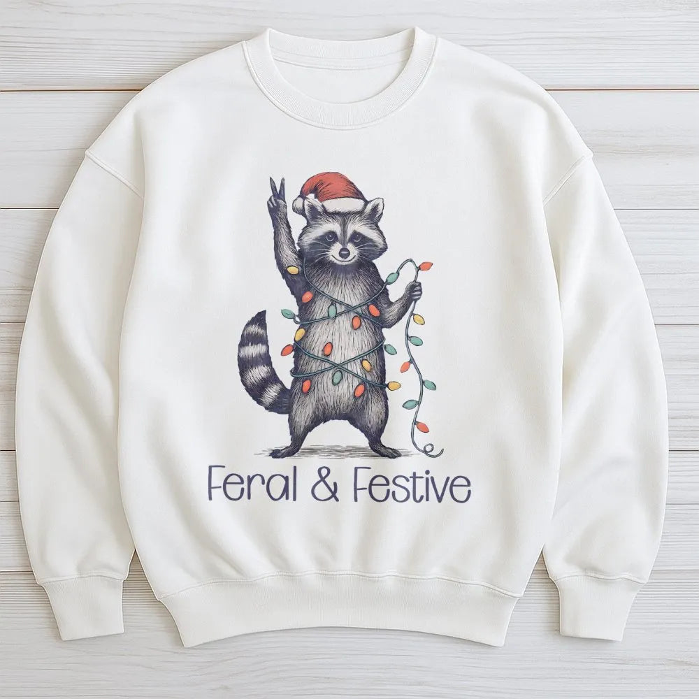Humorous Woodland Animal Holiday Sweater, Feral and Festive Raccoon Christmas Sweatshirt, Retro Trash Panda Xmas Pullover Pre